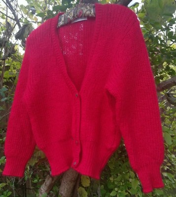 bright red cardigan